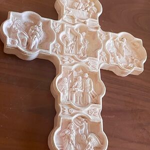 Vintage Pink Ceramic Religious Wall Cross – 9x7” Biblical Scenes Relief Plaque